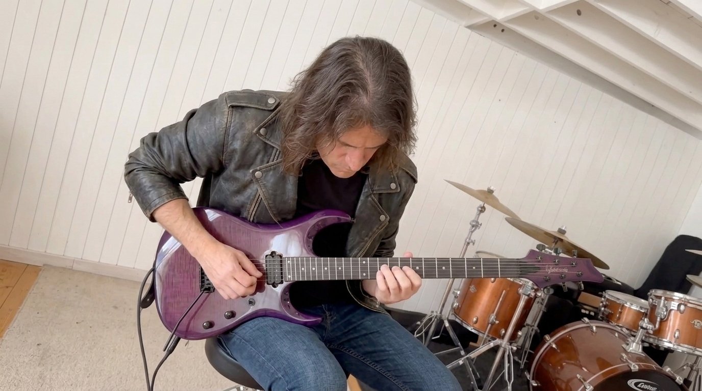 George S. Pogacich playing guitar in the studio